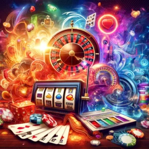Коллаж различных игр Вулкан Старс, включая слот-машины, рулетку и карточные столы, оформленный в ярких, насыщенных цветах, передающих атмосферу азарта и волнения казино.