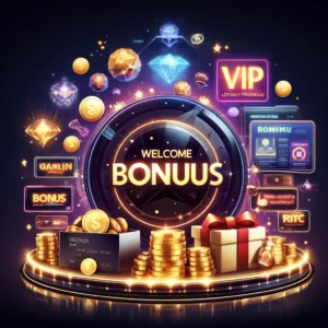 Современное и изысканное изображение, иллюстрирующее бонусы и акции онлайн казино, включающее символы приветственных бонусов, стопки монет, подарочные коробки и VIP-карты на фоне роскошного казино.