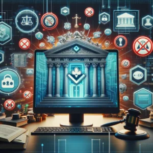 Иллюстрация, показывающая компьютер с отображением зеркального сайта онлайн казино Вулкан Платинум на фоне символов законодательных ограничений и технических сбоев.