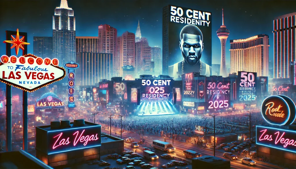 Афиша 50 Cent Residency 2025 в Лас-Вегасе на фоне вечернего города